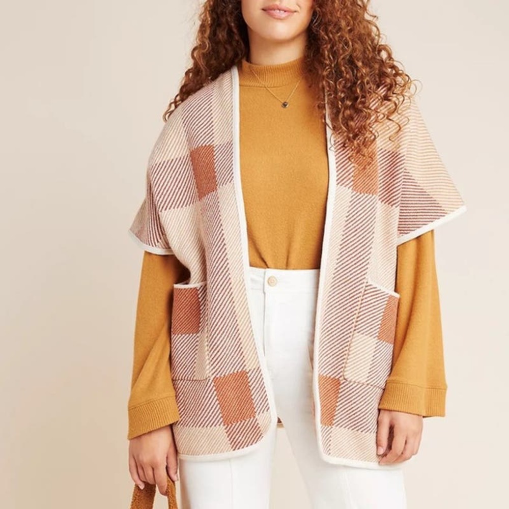 Anthropologie Look by M OSFM‎ Clay Plaid Wool Blend Rustic Chic Kimono Sweater